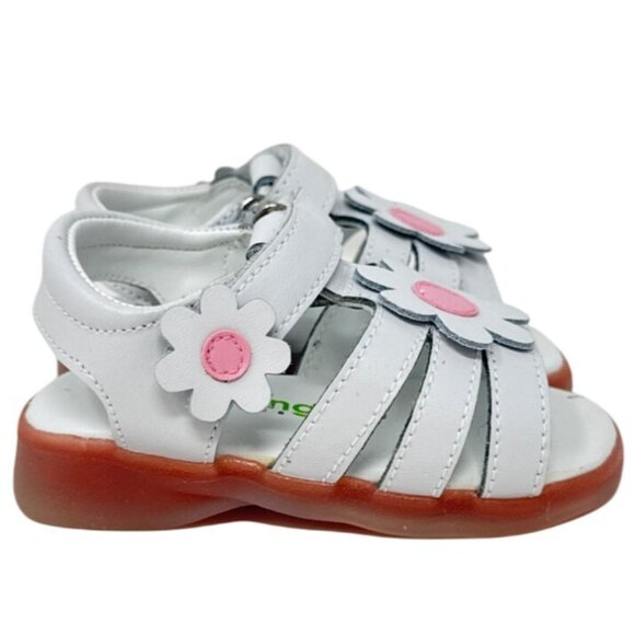 Darling Toddler Girls Size 5 White Sandals With Flower Design & Red Soles - Picture 1 of 7